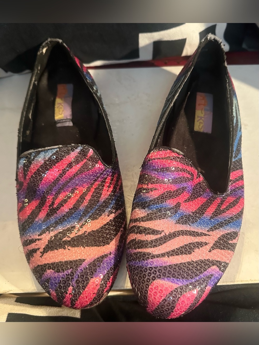 Hot Cakes Sequin Zebra Print Slip-On Flats - Pink & Purple